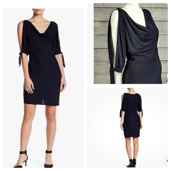 NWT Eva Franco Anthropology Black Jersey 3/4 Split Shoulder Sheath Dress - Picture 1 of 7